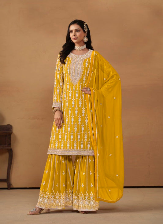 Yellow Georgette Sharara Suit With Embroidery Work