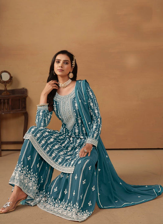 Teal Blue Georgette Sharara Suit With Embroidery Work