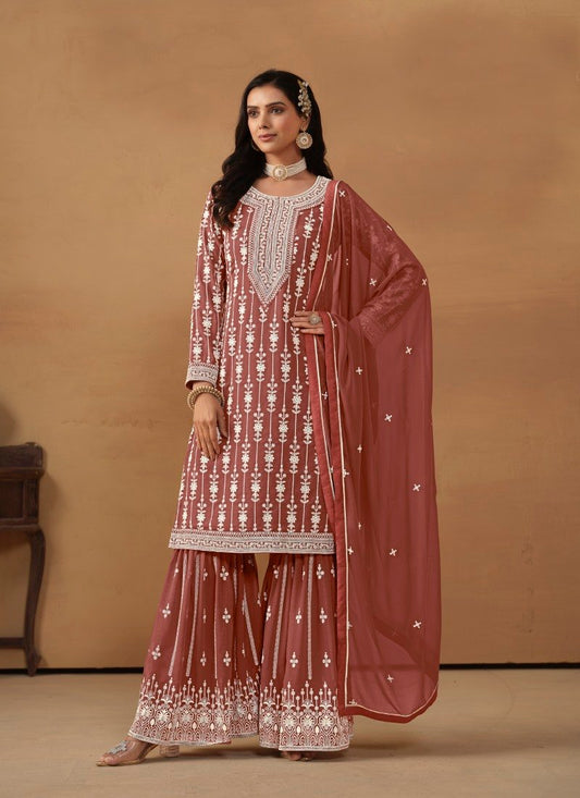 Maroon Georgette Sharara Suit With Embroidery Work