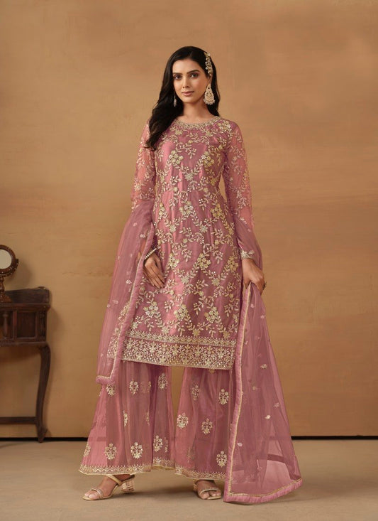 Pink Satin Sharara Suit With Embroidery Work