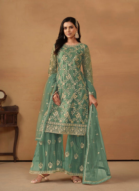 Sea Green Satin Sharara Suit With Embroidery Work
