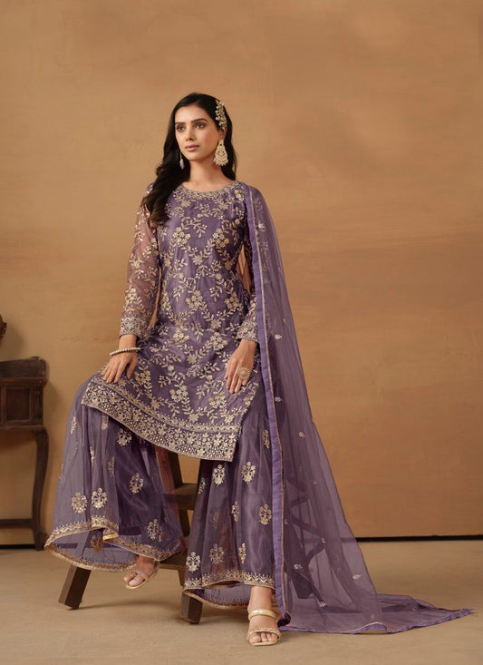 Light Purple Satin Sharara Suit With Embroidery Work