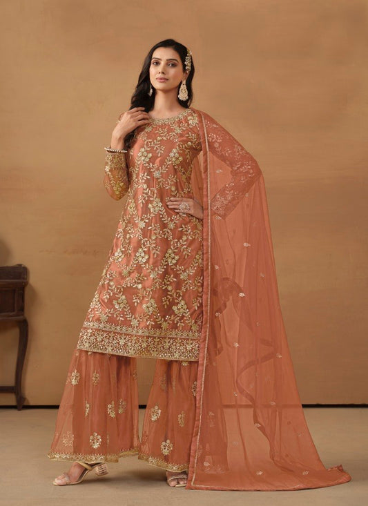Orange Satin Sharara Suit With Embroidery Work