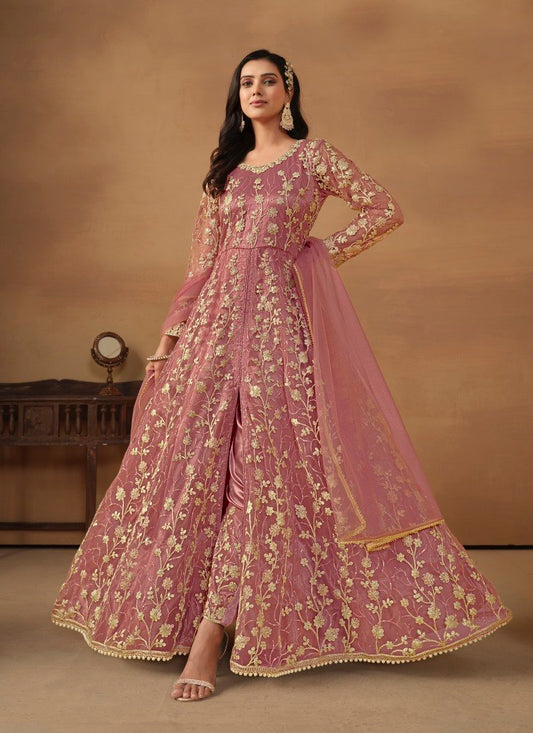 Pink Center Slit Anarkali Suit With Embroidery Work