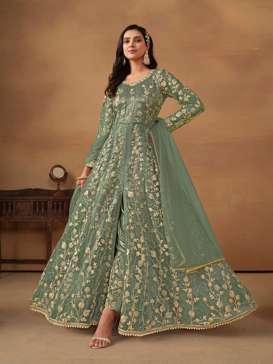 Green Center Slit Anarkali Suit With Embroidery Work