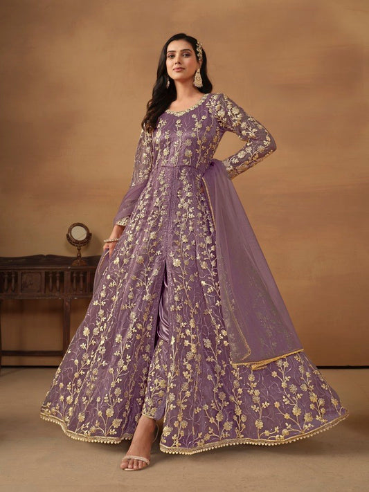 Purple Center Slit Anarkali Suit With Embroidery Work