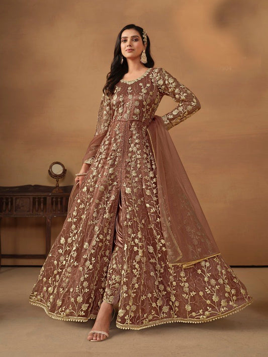 Brown Center Slit Anarkali Suit With Embroidery Work