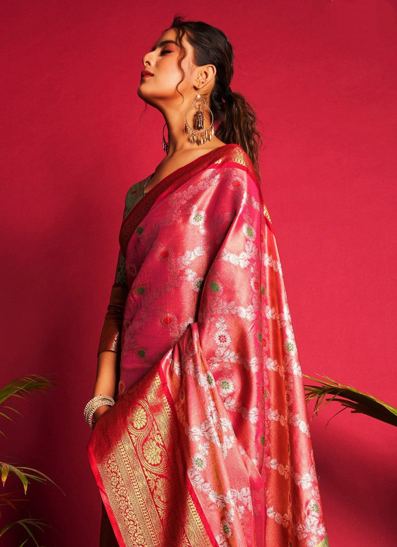 Red Kanjivaram Silk Saree With Contrast Border