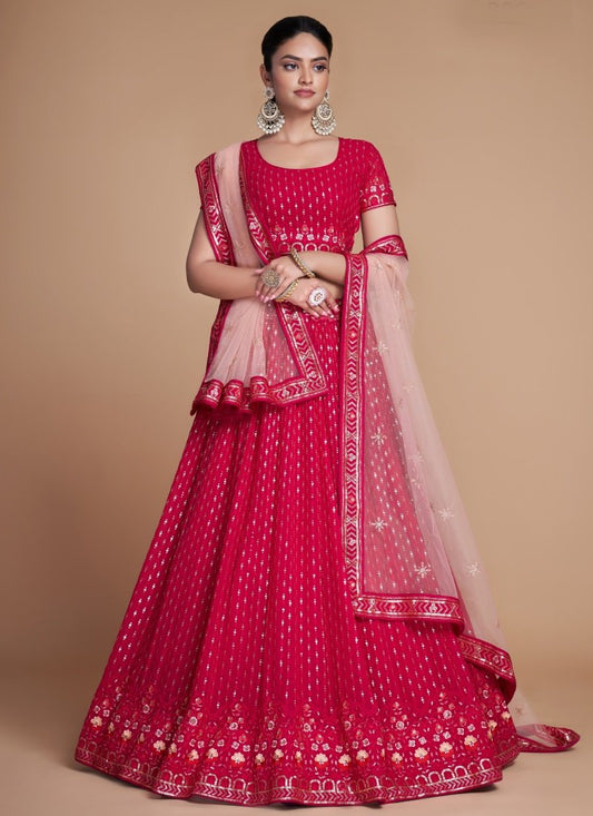 Red Georgette Party Wear Lehenga Choli With Embroidery and Sequins Work