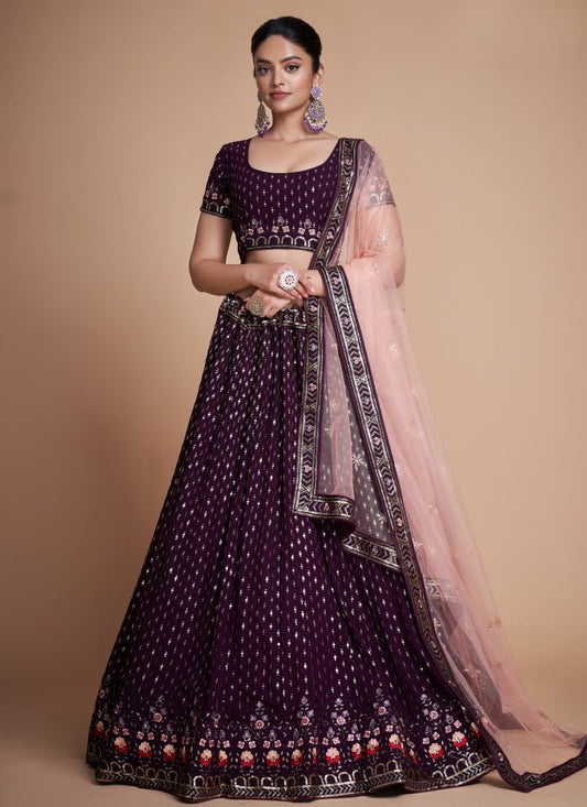 Purple Georgette Party Wear Lehenga Choli With Embroidery and Sequins Work