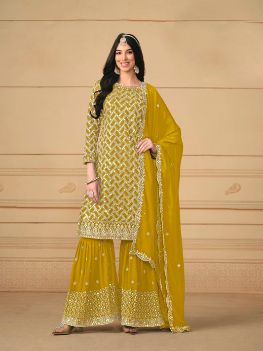 Yellow Georgette Sharara Suit With Embroidered Work