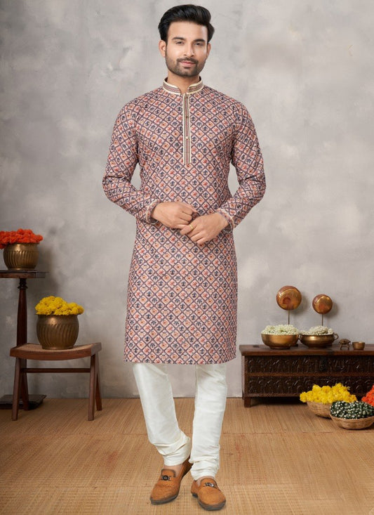 Multi Color Cotton Digital Print Kurta Pajama with Lucknowi, Sequence, Thread and Pintex Work