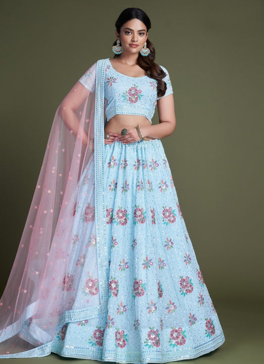 Aqua Blue Georgette Party Wear Lehenga Choli With Embroidery and Sequins Work