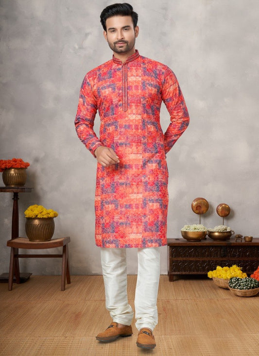 Orange Cotton Digital Print Kurta Pajama with Lucknowi, Sequence, Thread and Pintex Work