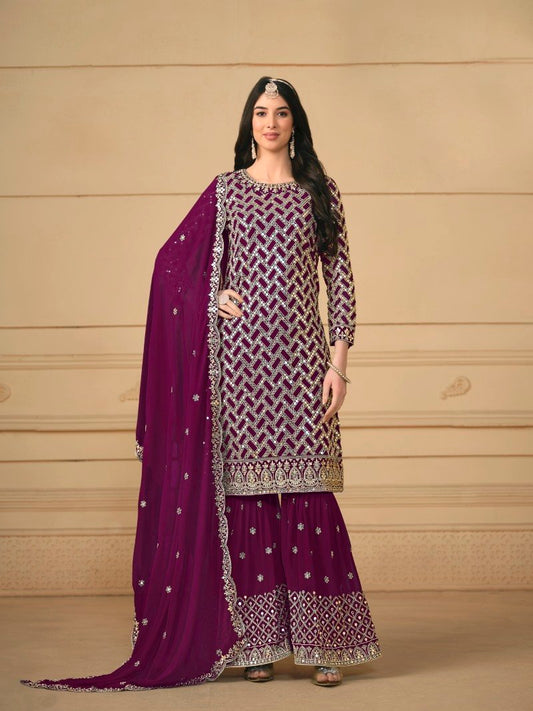 Purple Georgette Sharara Suit With Embroidered Work