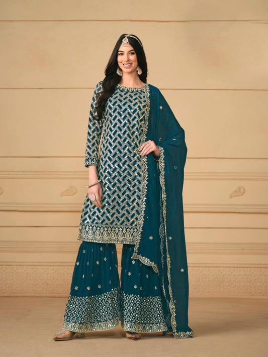 Teal  Georgette Sharara Suit With Embroidered Work