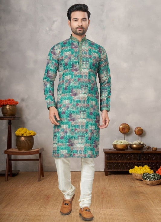 Green Cotton Digital Print Kurta Pajama with  Lucknowi, Sequence, Thread and Pintex Work