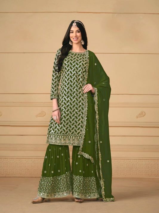Olive Green Georgette Sharara Suit With Embroidered Work