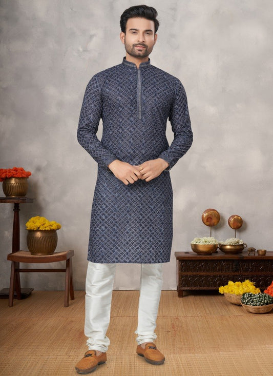 Blue Cotton Digital Print Kurta Pajama with Lucknowi, Sequence, Thread and Pintex Work