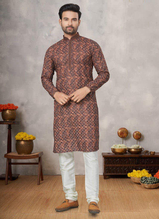 Brown Cotton Digital Print Kurta Pajama with  Lucknowi, Sequence, Thread and Pintex Work