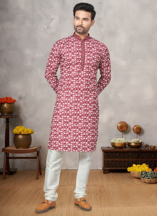 Maroon Cotton Digital Print Kurta Pajama with Lucknowi, Sequence, Thread and Pintex Work
