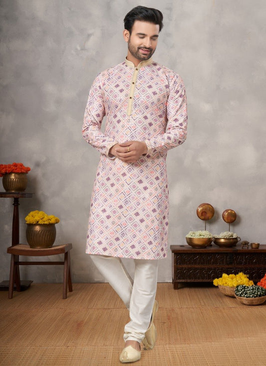 Pink Cotton Digital Print Kurta Pajama with Lucknowi, Sequence, Thread and Pintex Work