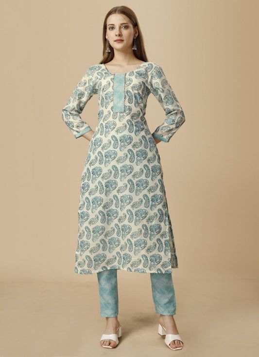Sky Blue Pure Cotton Printed Kurta Suit