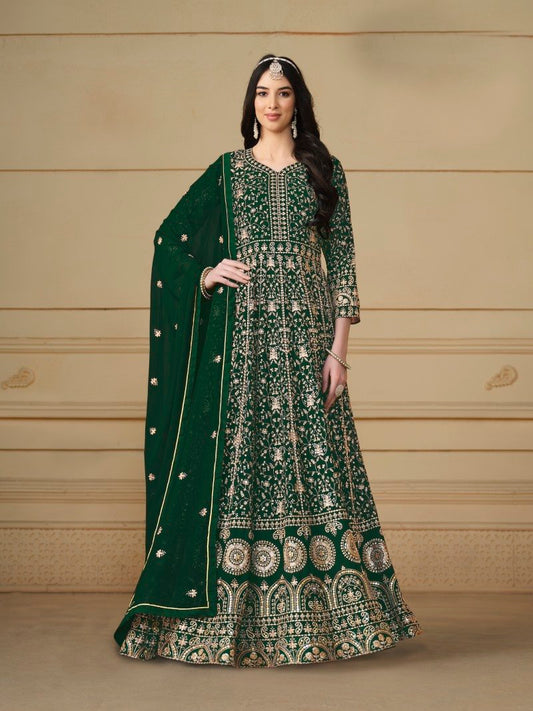 Green Georgette Long Anarkali Suit With Full Embroidery Work