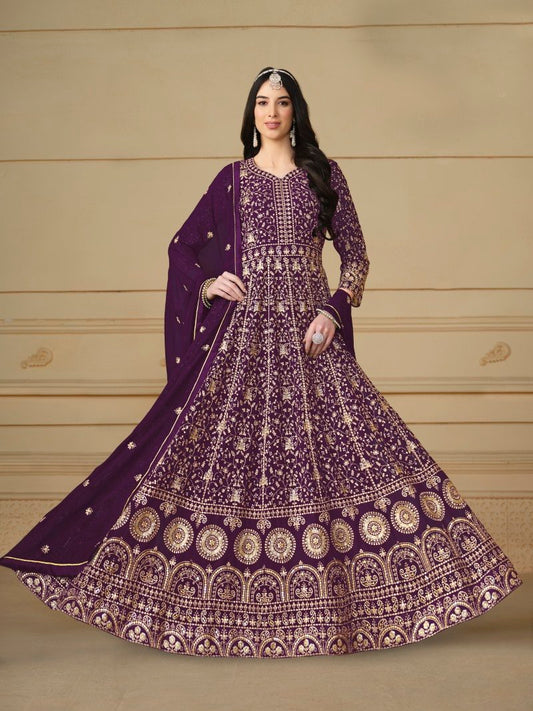 Purple Georgette Long Anarkali Suit With Full Embroidery Work