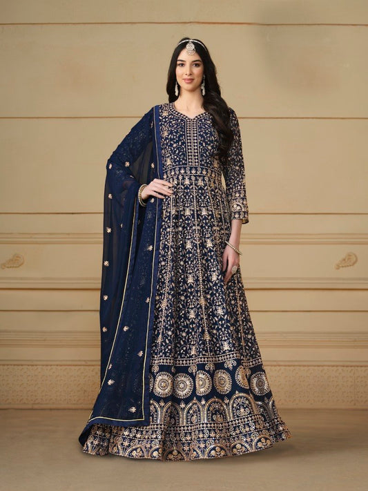 Blue Georgette Long Anarkali Suit With Full Embroidery Work