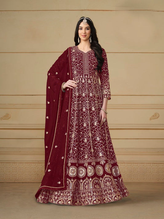 Red Georgette Long Anarkali Suit With Full Embroidery Work