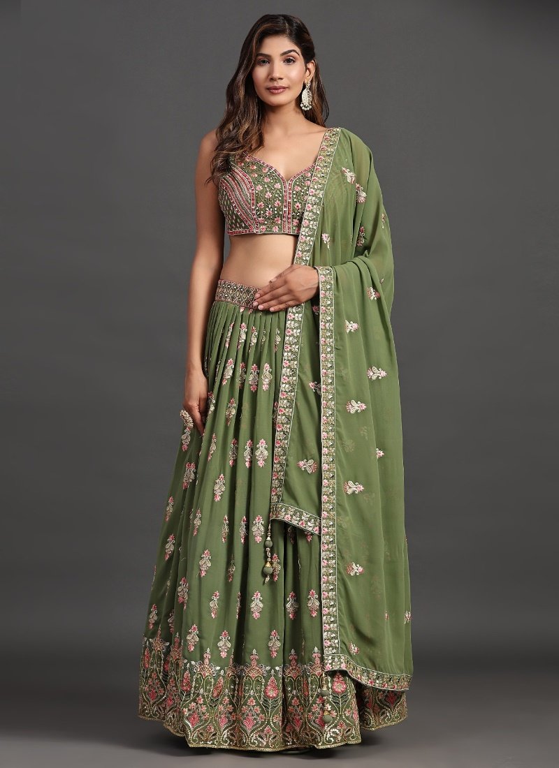 Green Georgette Bridal Lehenga Choli With Thread, Sequins and Mirror Work