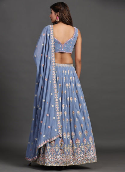 Blue Georgette Bridal Lehenga Choli With Heavy Embroidery, Sequins and Zari Work