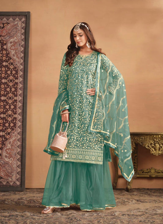Sea Green Wide Palazzo Suit With Embroidery Work