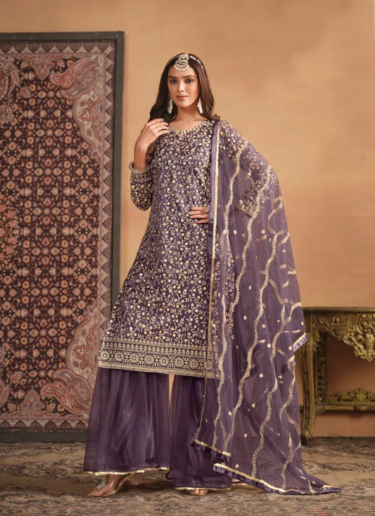 Purple Wide Palazzo Suit With Embroidery Work