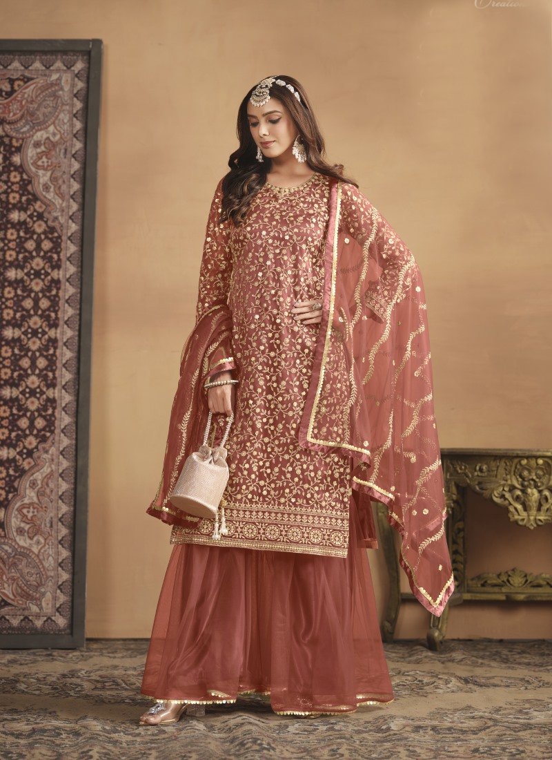 Orange Wide Palazzo Suit With Embroidery Work