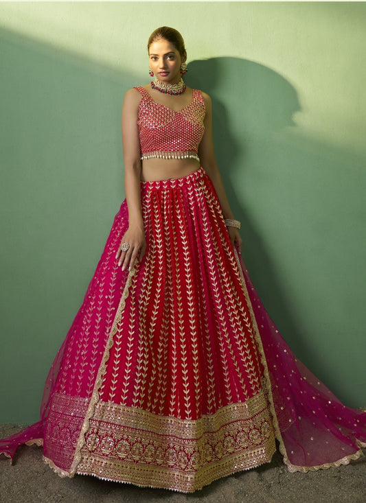 Red Georgette Wedding Lehenga Choli with Embroidery and Sequins Work