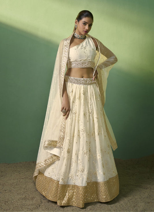 Off White Georgette Wedding Lehenga Choli with Embroidery and Sequins Work