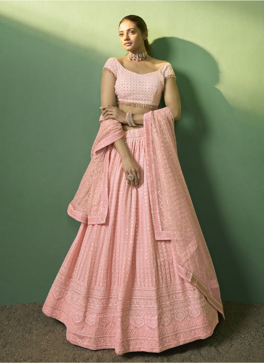 Peach Georgette Wedding Lehenga Choli with Embroidery and Sequins Work