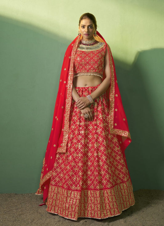 Red Silk Wedding Lehenga Choli with Embroidery and Sequins Work