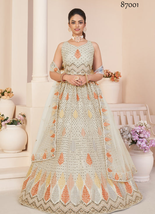 White Soft Net Party Wear Lehenga Choli with Thread and Sequins Work