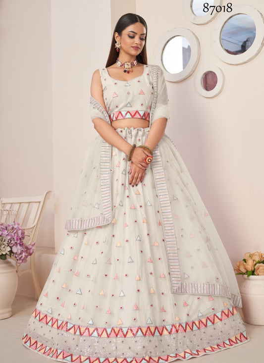 White Soft Net Party Wear Lehenga Choli with Thread and Sequins Work