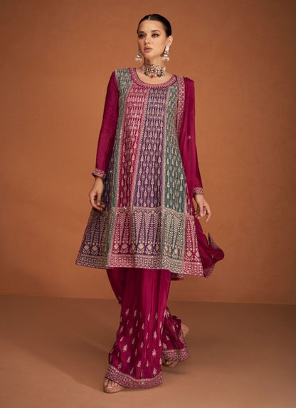 Multi Color Silk Embroidered Palazzo Suit