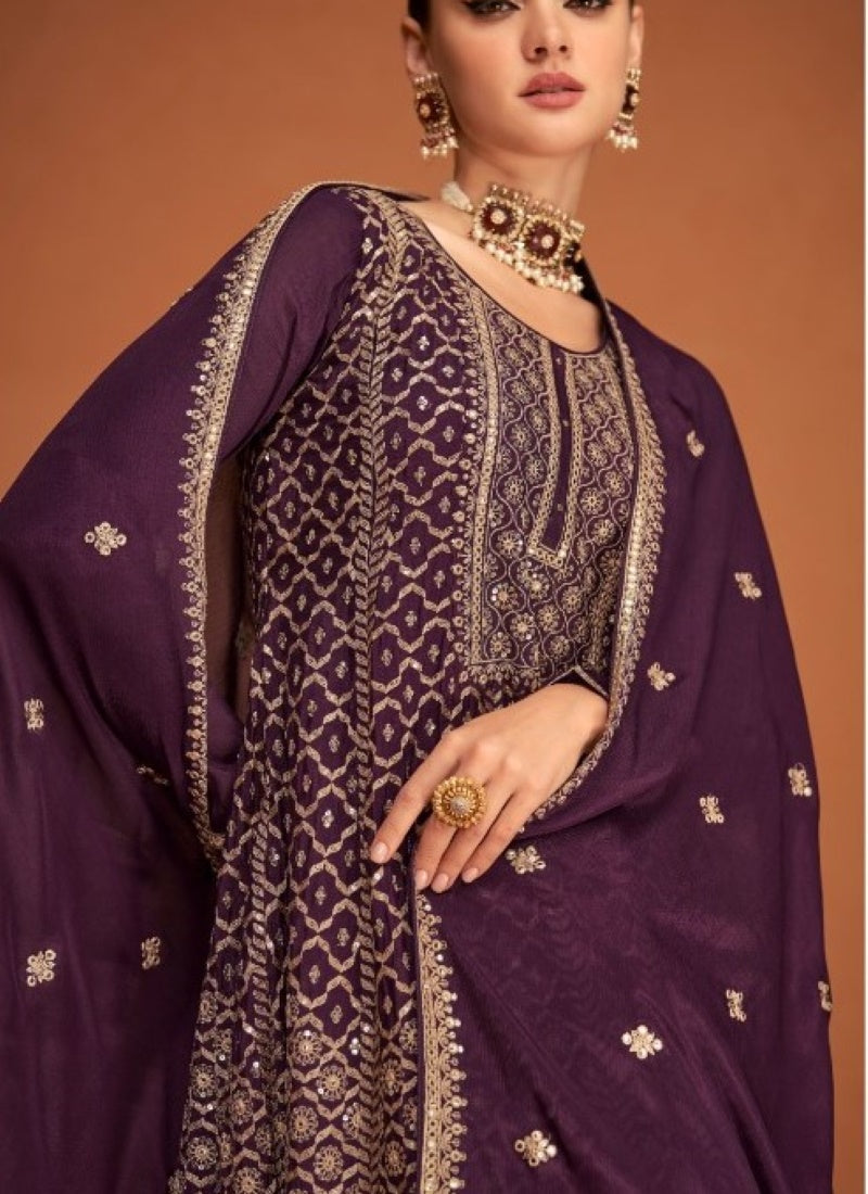 Purple Silk Embroidered Palazzo Suit