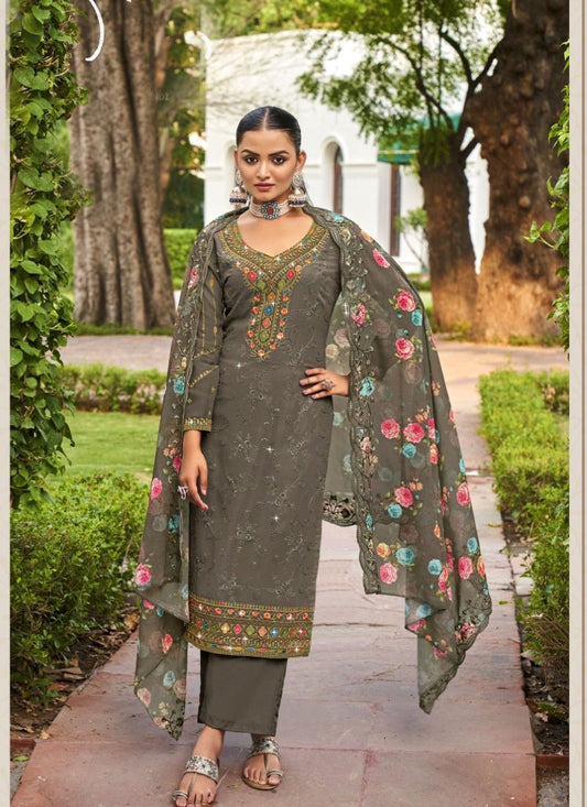Gray Georgette Straight Cut Palazzo Salwar Suit