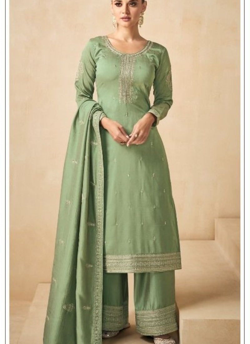 Pista Green Silk Embroidered Palazzo Suit