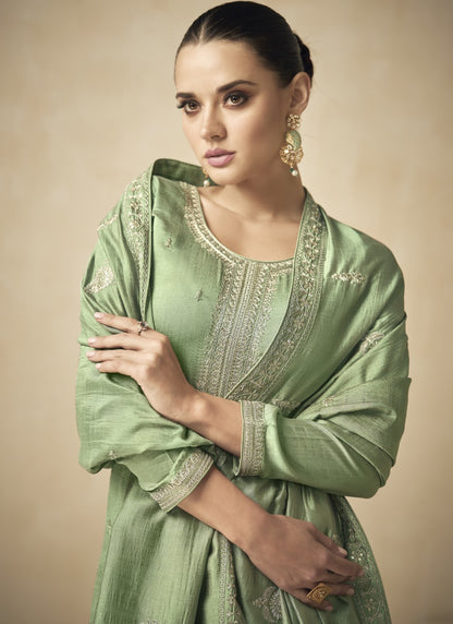 Pista Green Silk Embroidered Palazzo Suit