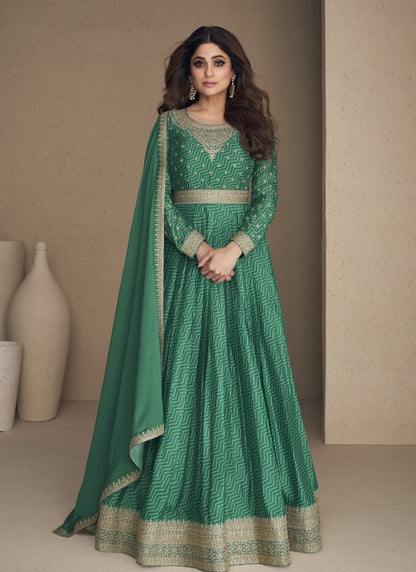 Green Chinon Silk Embroidered Anarkali Suit