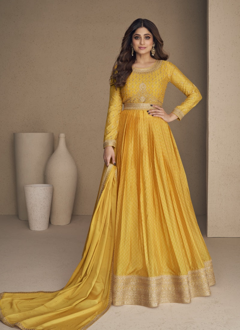 Yellow Chinon Silk Embroidered Anarkali Suit
