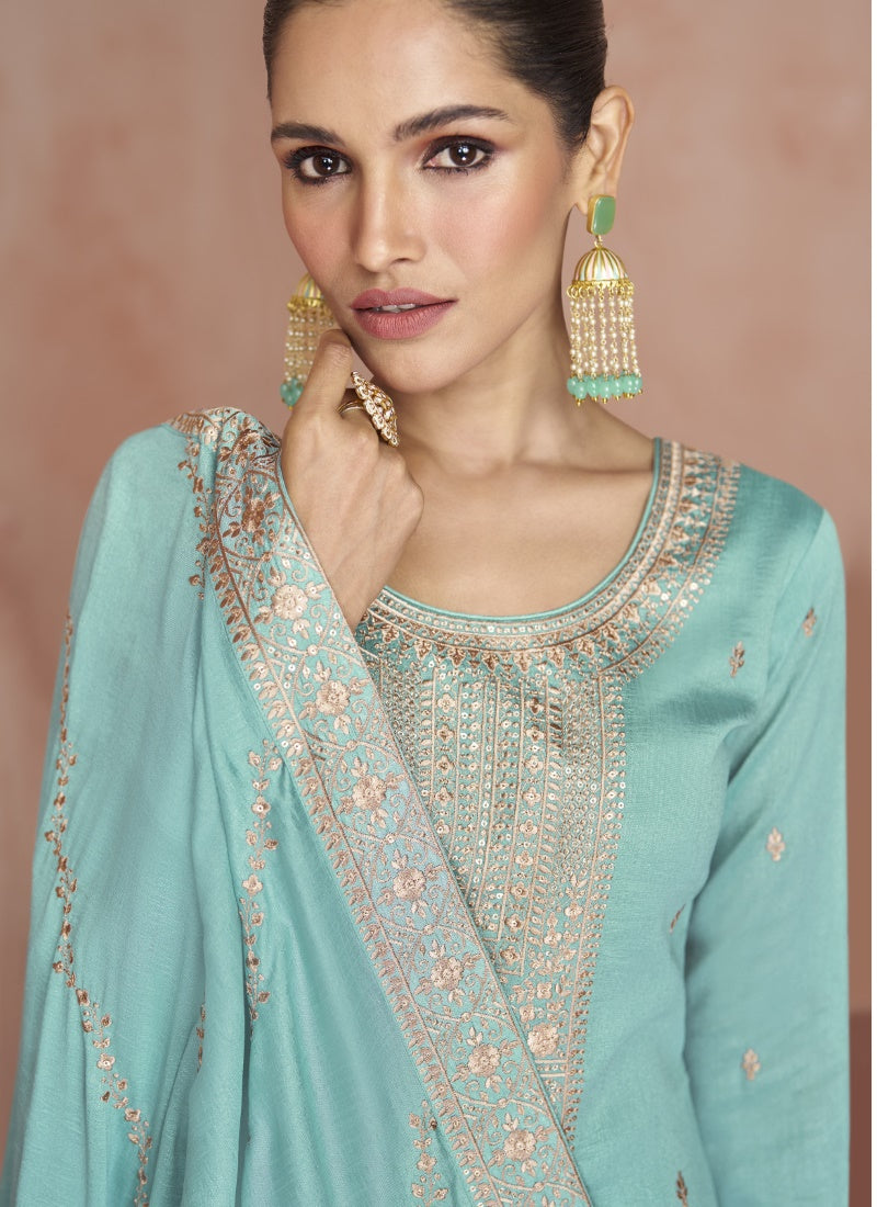 Sea Green Silk Embroidered Palazzo Suit